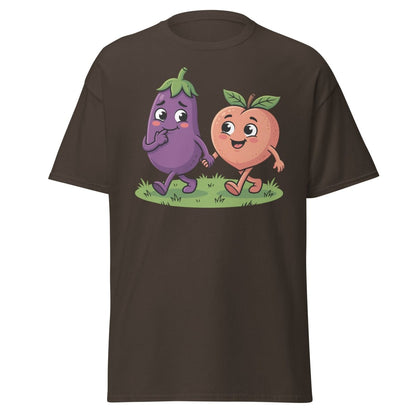 Eggplant & Peach Holding Hands Funny T-Shirt – Adult Humor Tee - Dark Chocolate - TeeRipple