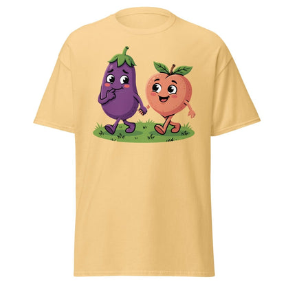 Eggplant & Peach Holding Hands Funny T-Shirt – Adult Humor Tee - Yellow Haze - TeeRipple