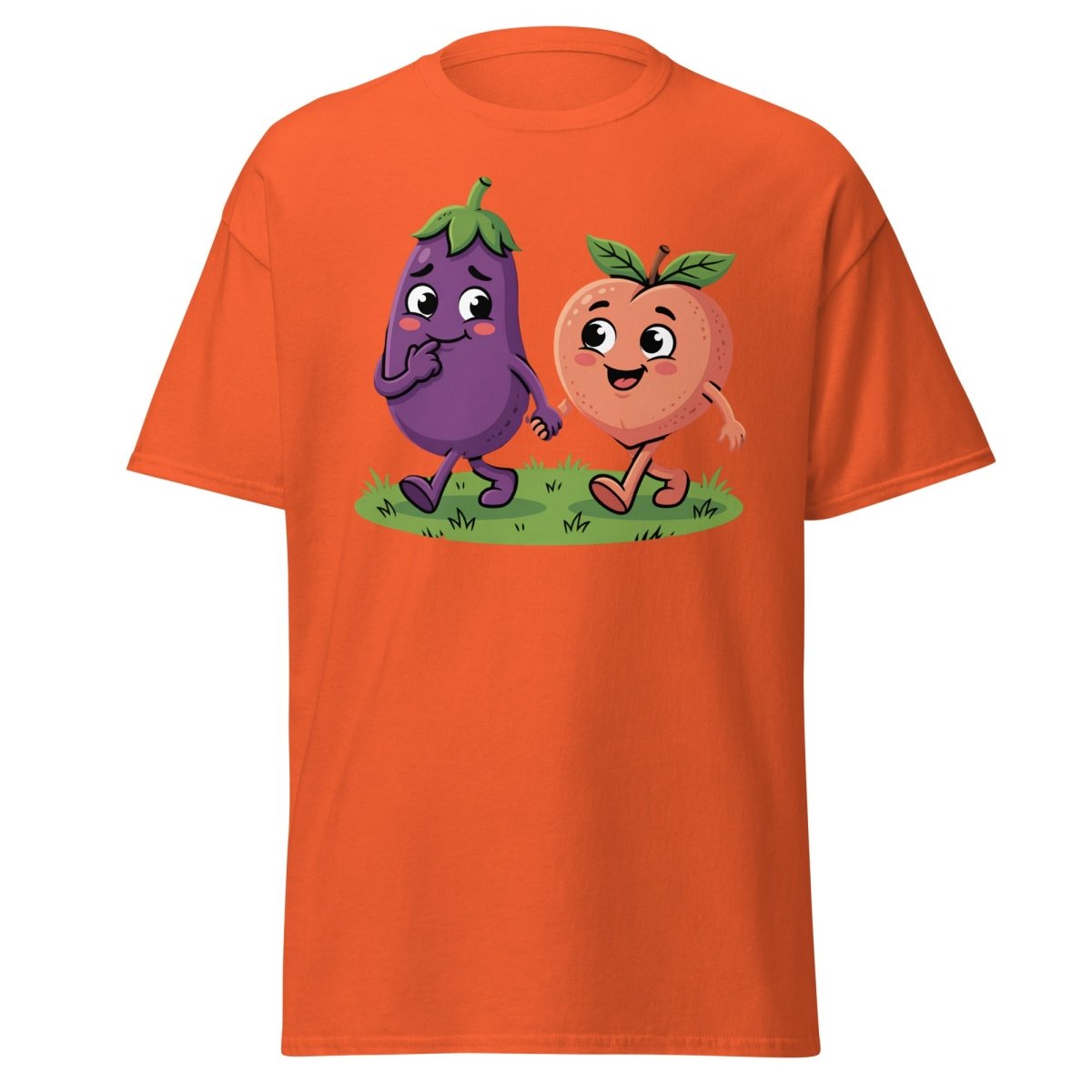 Eggplant & Peach Holding Hands Funny T-Shirt – Adult Humor Tee - Orange - TeeRipple