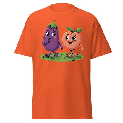 Eggplant & Peach Holding Hands Funny T-Shirt – Adult Humor Tee - Orange - TeeRipple