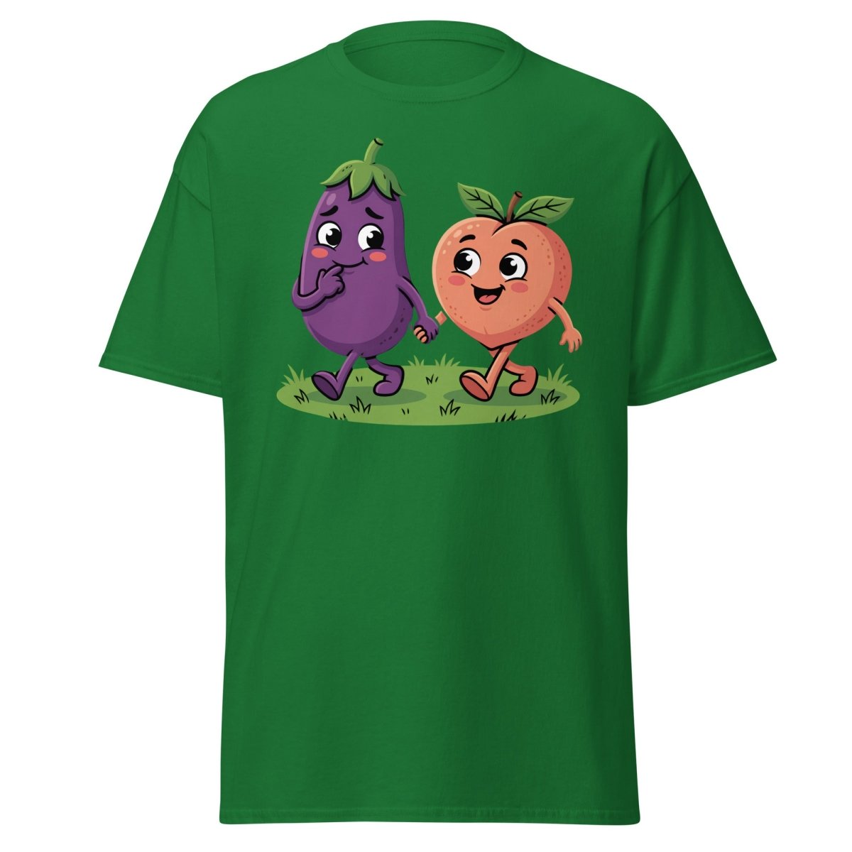 Eggplant & Peach Holding Hands Funny T-Shirt – Adult Humor Tee - Turf Green - TeeRipple