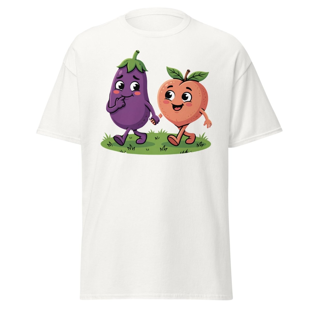 Eggplant & Peach Holding Hands Funny T-Shirt – Adult Humor Tee - White - TeeRipple