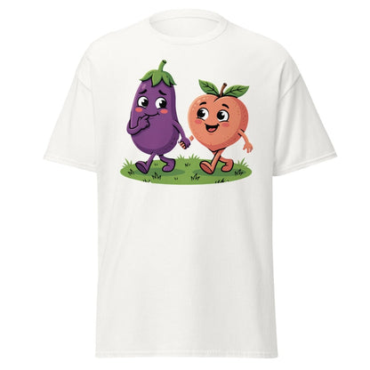Eggplant & Peach Holding Hands Funny T-Shirt – Adult Humor Tee - White - TeeRipple
