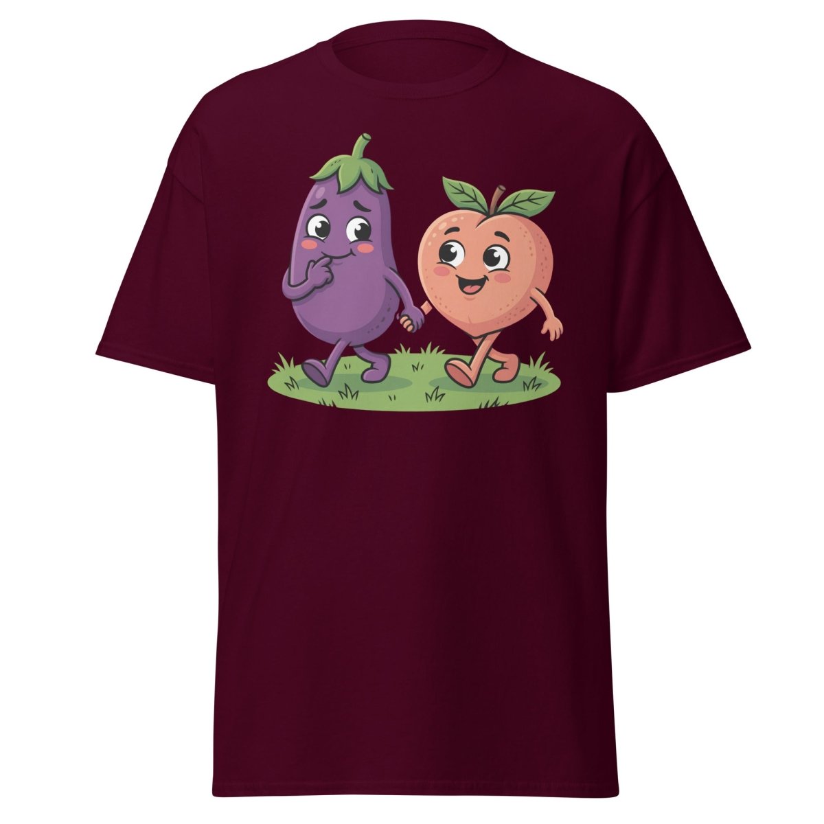 Eggplant & Peach Holding Hands Funny T-Shirt – Adult Humor Tee - Maroon - TeeRipple