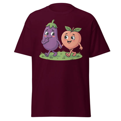 Eggplant & Peach Holding Hands Funny T-Shirt – Adult Humor Tee - Maroon - TeeRipple
