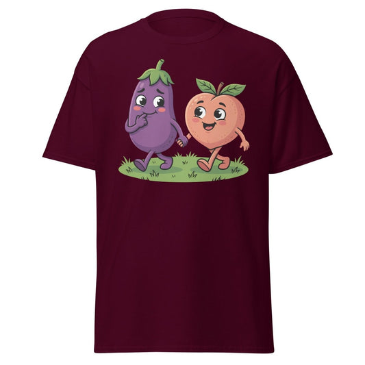Eggplant & Peach Holding Hands Funny T-Shirt – Adult Humor Tee - Maroon - TeeRipple