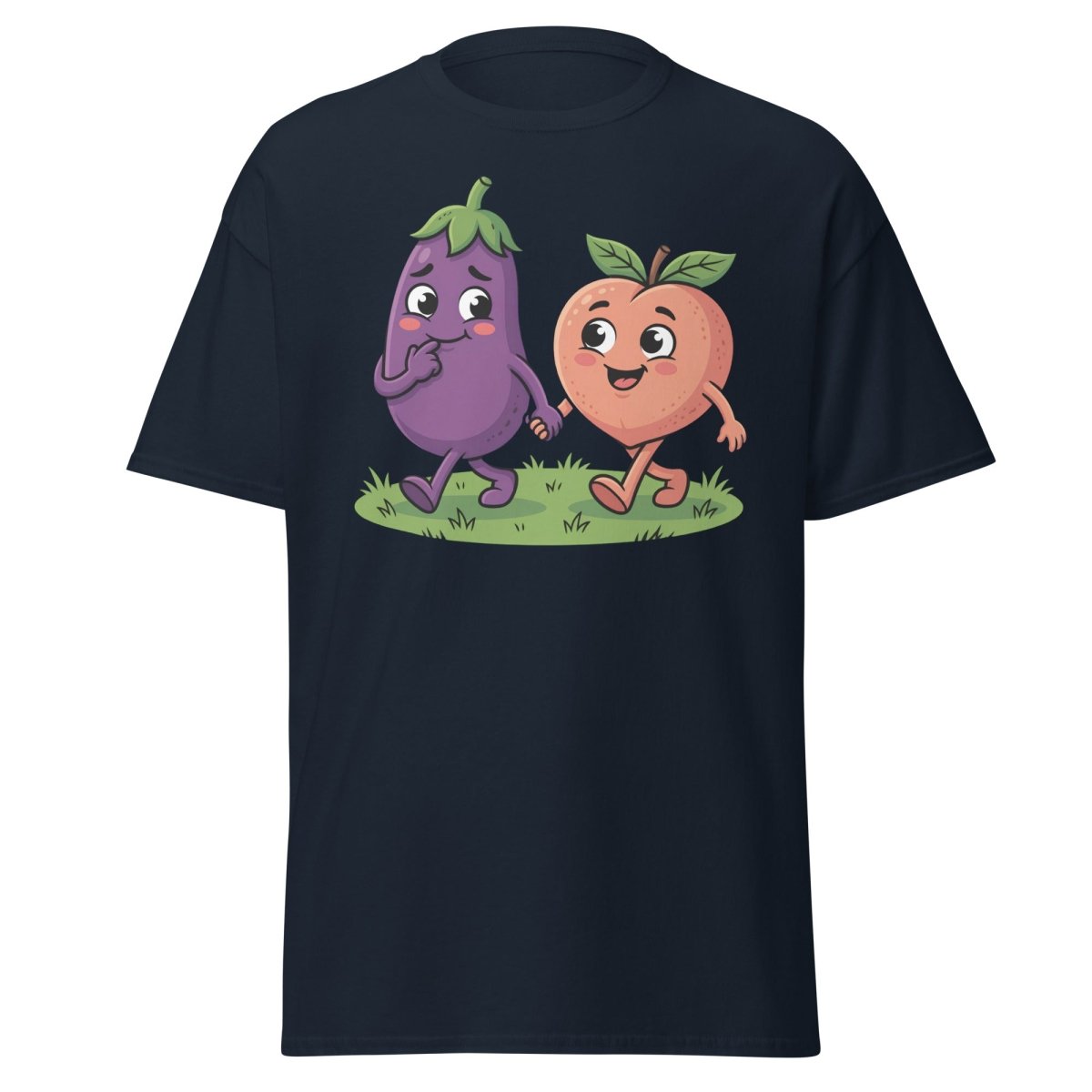 Eggplant & Peach Holding Hands Funny T-Shirt – Adult Humor Tee - Navy - TeeRipple