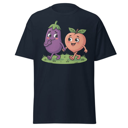 Eggplant & Peach Holding Hands Funny T-Shirt – Adult Humor Tee - Navy - TeeRipple