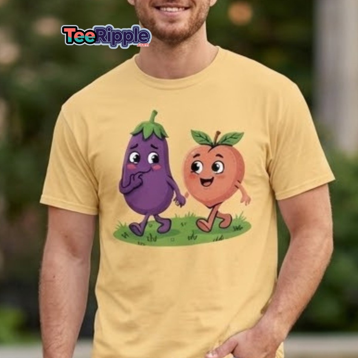Eggplant & Peach Holding Hands Funny T-Shirt – Adult Humor Tee - Maroon - TeeRipple