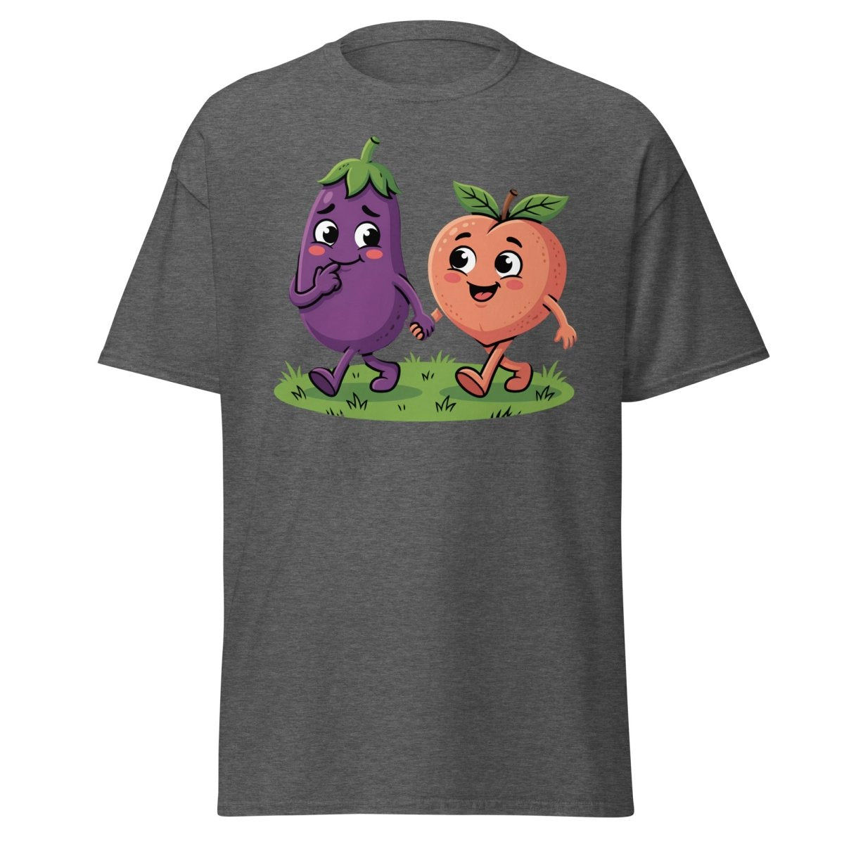 Eggplant & Peach Holding Hands Funny T-Shirt – Adult Humor Tee - Dark Heather - TeeRipple