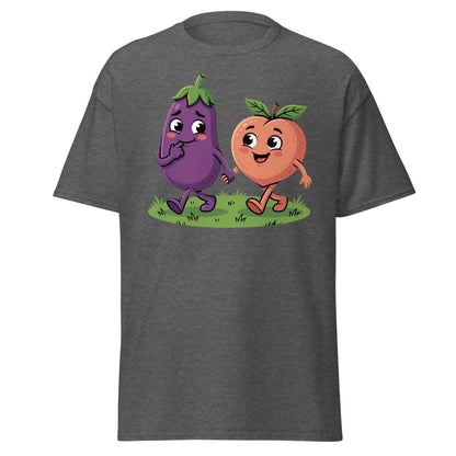 Eggplant & Peach Holding Hands Funny T-Shirt – Adult Humor Tee - Dark Heather - TeeRipple