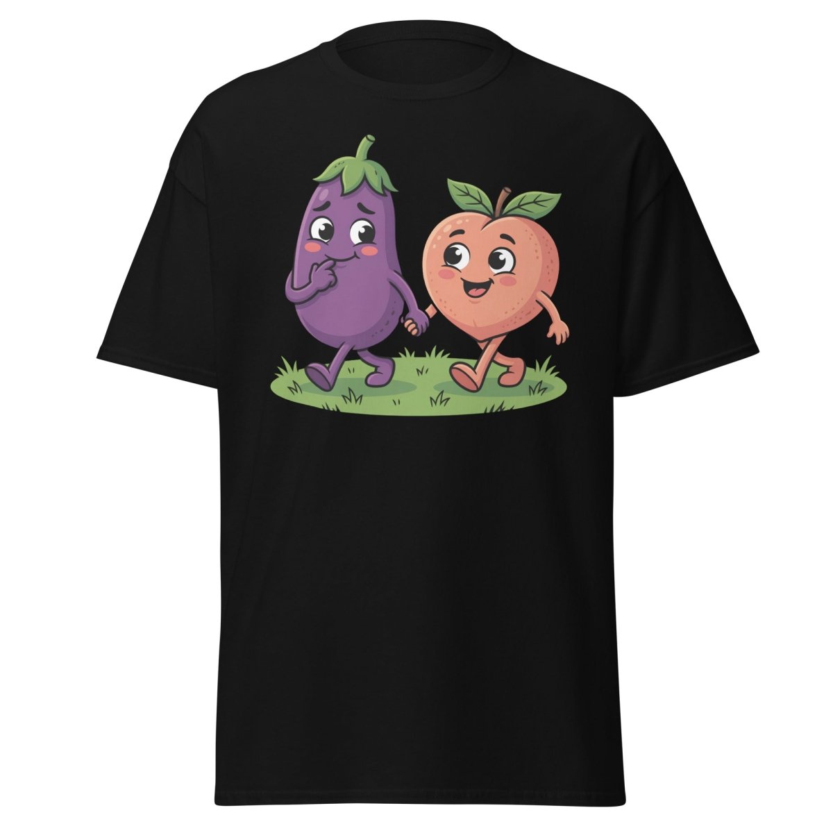 Eggplant & Peach Holding Hands Funny T-Shirt – Adult Humor Tee - Black - TeeRipple
