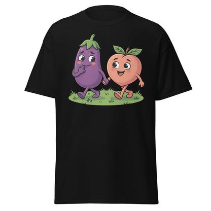 Eggplant & Peach Holding Hands Funny T-Shirt – Adult Humor Tee - Black - TeeRipple