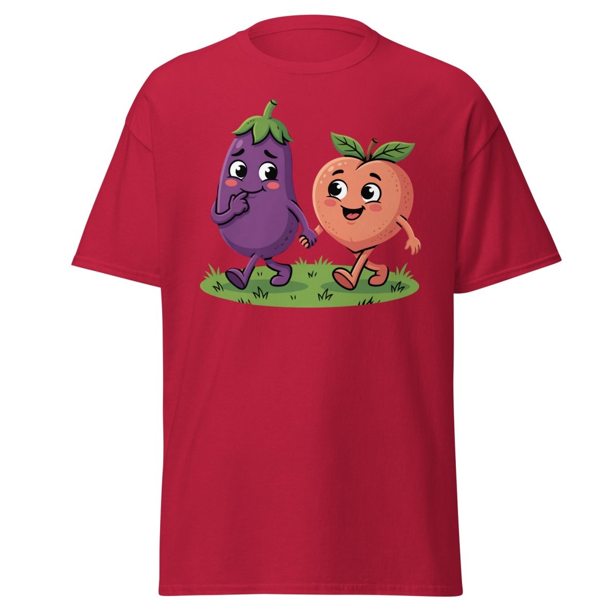 Eggplant & Peach Holding Hands Funny T-Shirt – Adult Humor Tee - Cardinal - TeeRipple