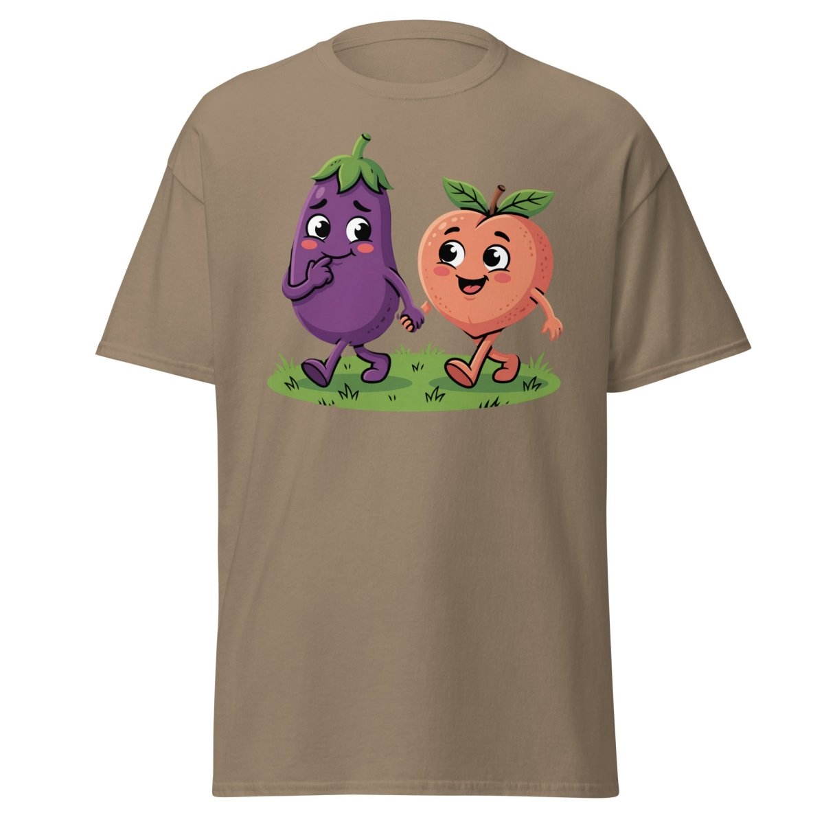 Eggplant & Peach Holding Hands Funny T-Shirt – Adult Humor Tee - Brown Savana - TeeRipple