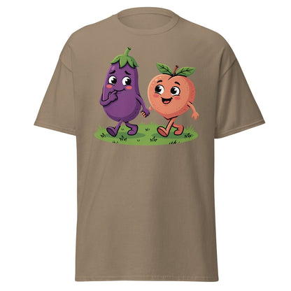 Eggplant & Peach Holding Hands Funny T-Shirt – Adult Humor Tee - Brown Savana - TeeRipple