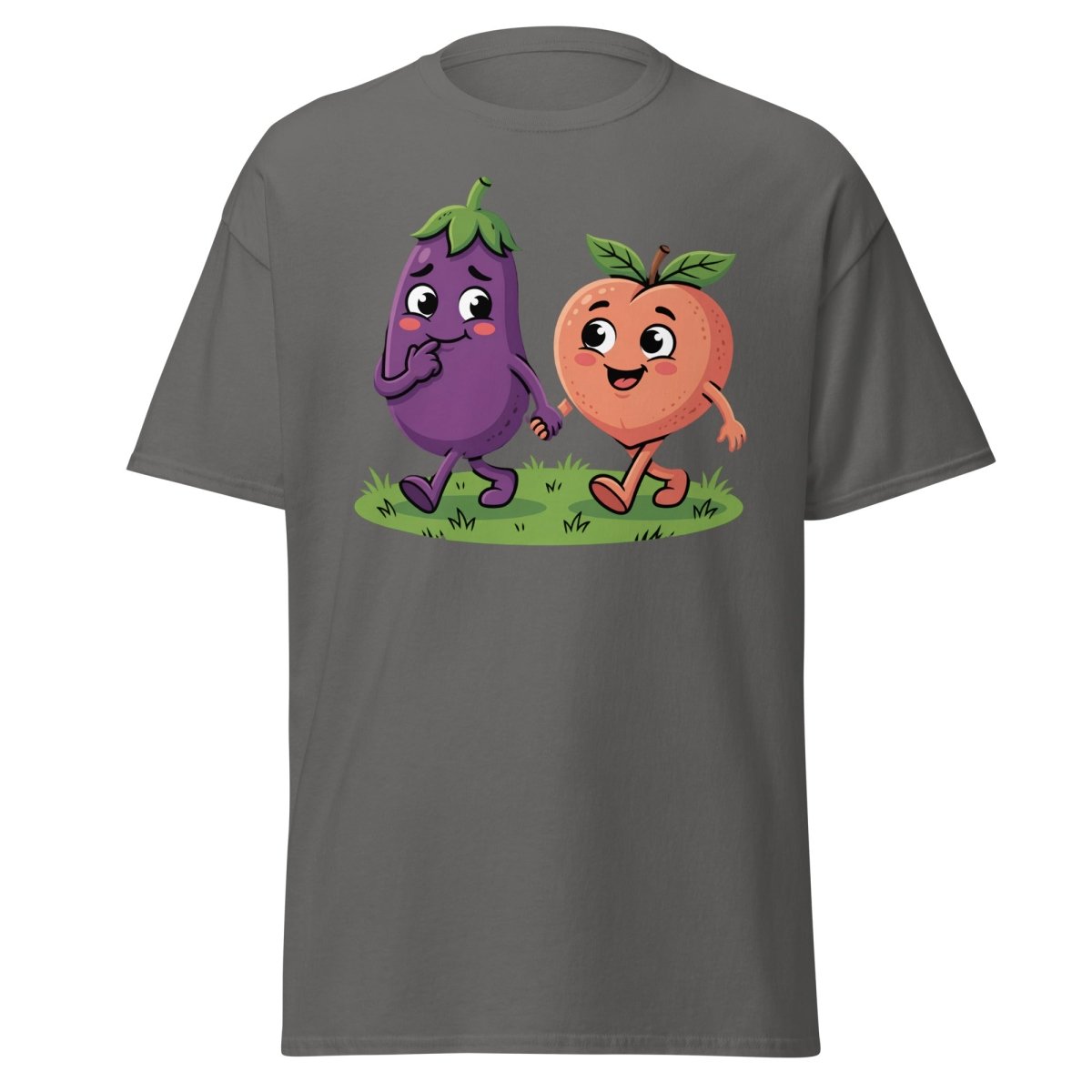 Eggplant & Peach Holding Hands Funny T-Shirt – Adult Humor Tee - Charcoal - TeeRipple
