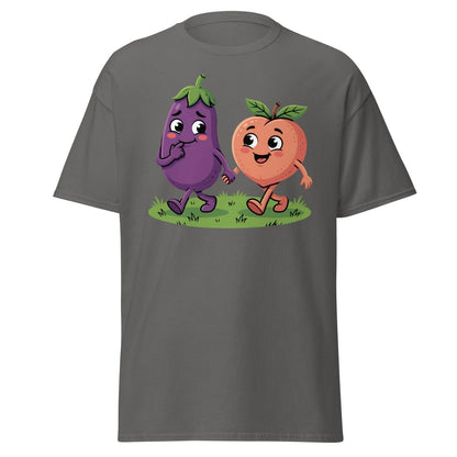Eggplant & Peach Holding Hands Funny T-Shirt – Adult Humor Tee - Charcoal - TeeRipple