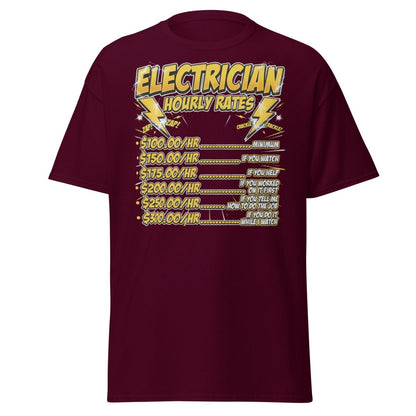 Electrician Hourly Rates Funny T-Shirt - Maroon - TeeRipple