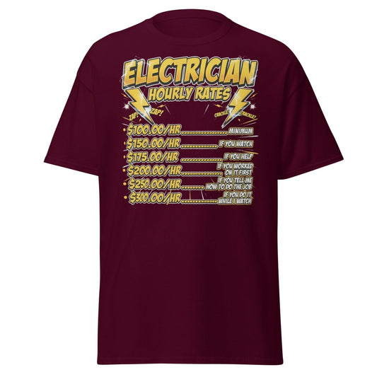 Electrician Hourly Rates Funny T-Shirt - Maroon - TeeRipple