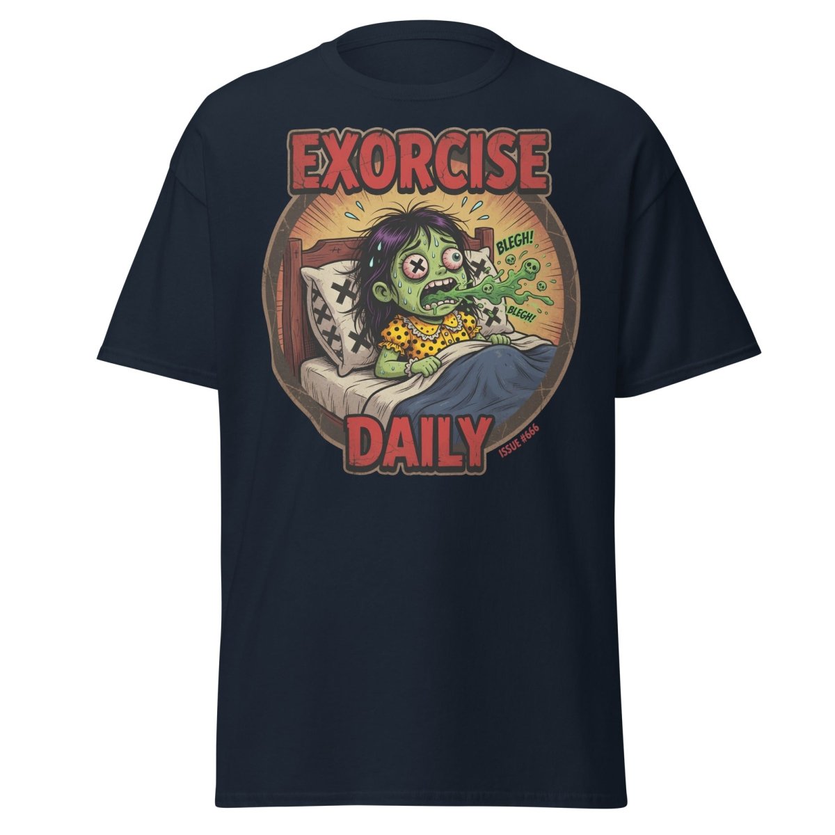 Exorcise Daily Funny Zombie T-Shirt | Horror Dark Humor Tee - Navy - TeeRipple
