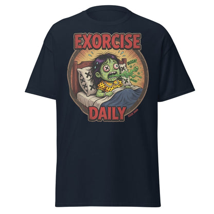 Exorcise Daily Funny Zombie T-Shirt | Horror Dark Humor Tee - Navy - TeeRipple
