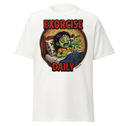 Exorcise Daily Funny Zombie T-Shirt | Horror Dark Humor Tee - White - TeeRipple