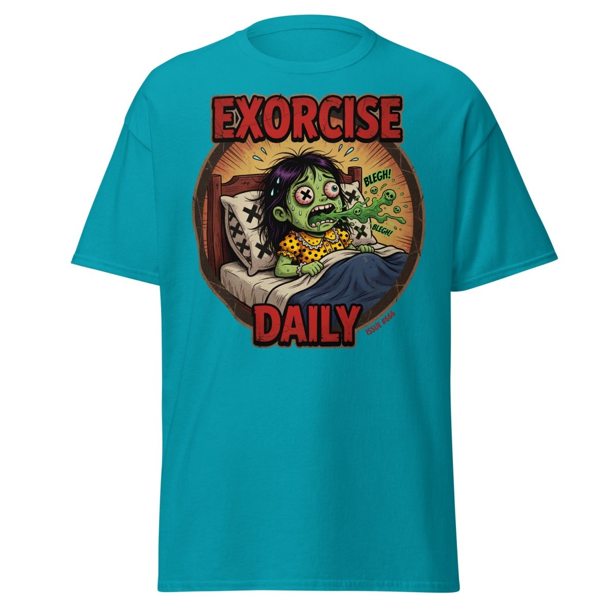 Exorcise Daily Funny Zombie T-Shirt | Horror Dark Humor Tee - Tropical Blue - TeeRipple