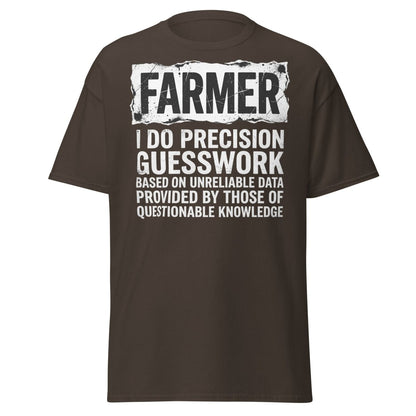 Farmer Precision Guesswork Funny Farming T-Shirt - Dark Chocolate - TeeRipple