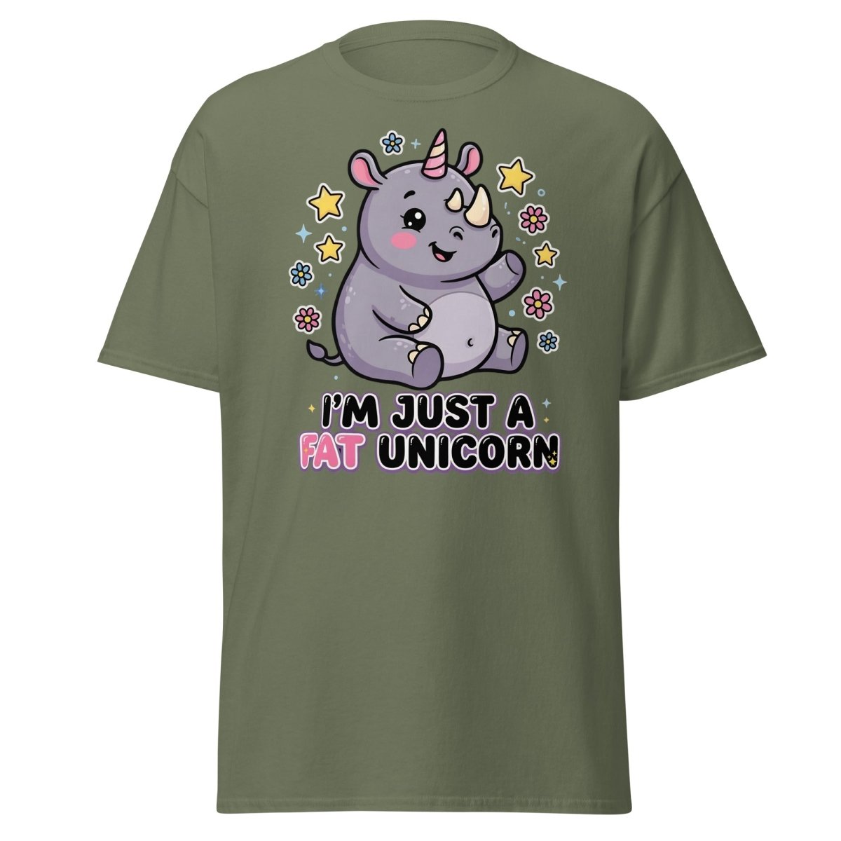 Fat Unicorn Rhino T-Shirt - Cute Funny Animal Tee - Military Green - TeeRipple
