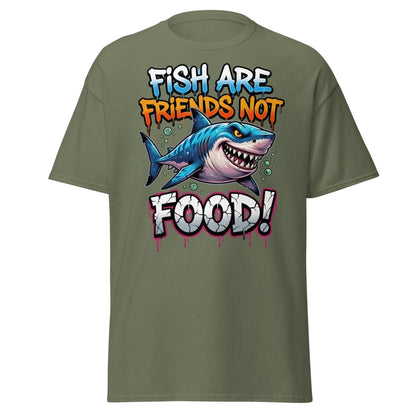 Fish Are Friends Not Food Shark T-Shirt - Military Green - TeeRipple
