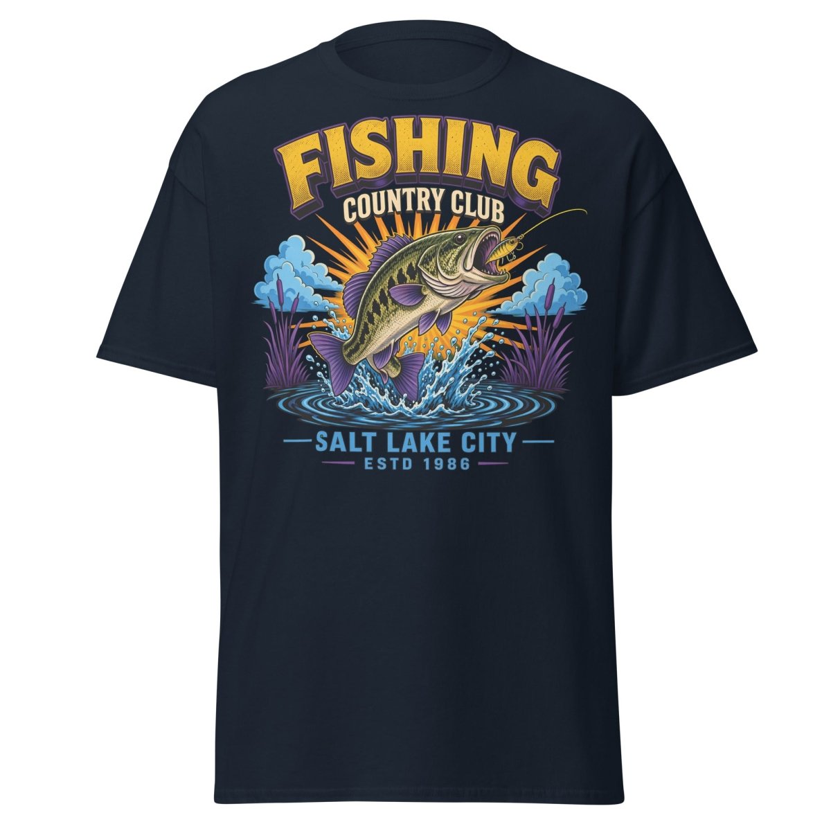 Fishing Country Club Bass Fish T-Shirt Salt Lake City - Navy - TeeRipple