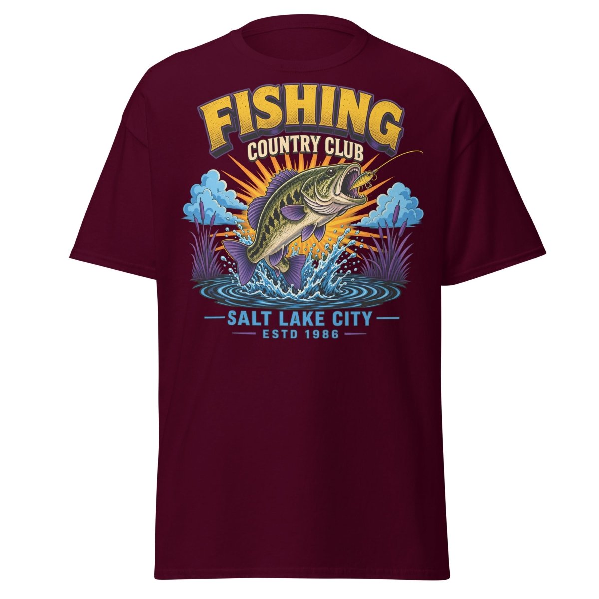 Fishing Country Club Bass Fish T-Shirt Salt Lake City - Maroon - TeeRipple
