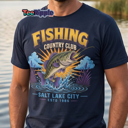 Fishing Country Club Bass Fish T-Shirt Salt Lake City - Maroon - TeeRipple