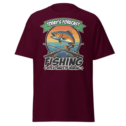 Fishing With A Chance Of Drinking T-Shirt - Funny Fisherman Tee - Maroon - TeeRipple