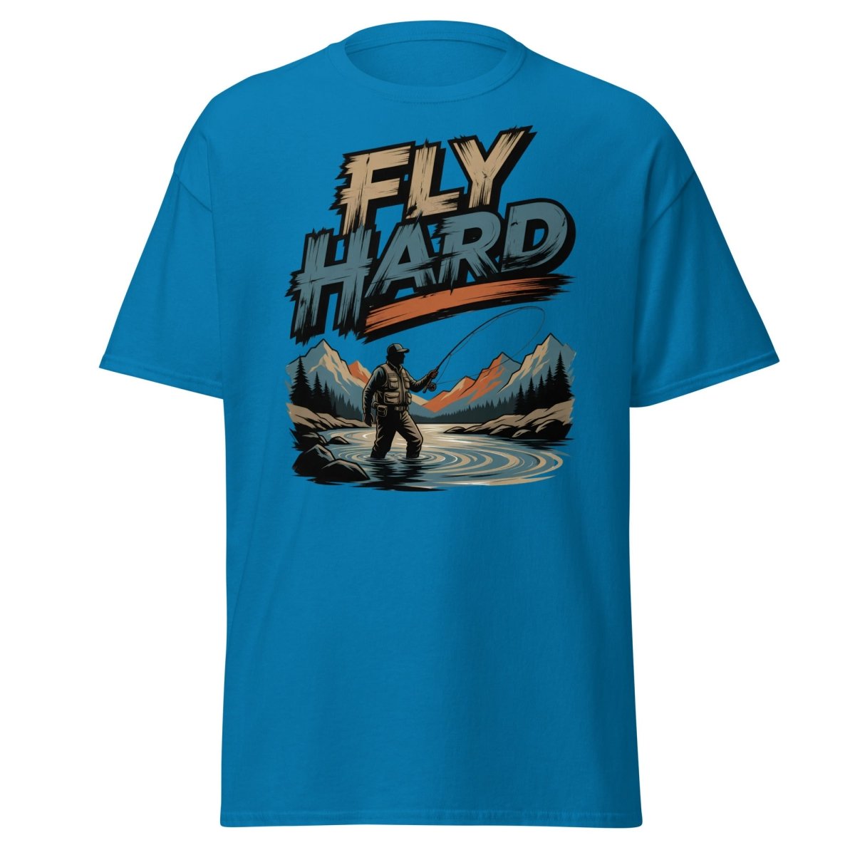 Fly Hard Fly Fishing T-Shirt – Outdoor Adventure Tee - Sapphire - TeeRipple