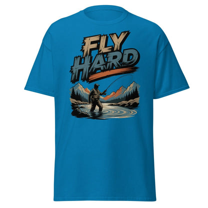 Fly Hard Fly Fishing T-Shirt – Outdoor Adventure Tee - Sapphire - TeeRipple