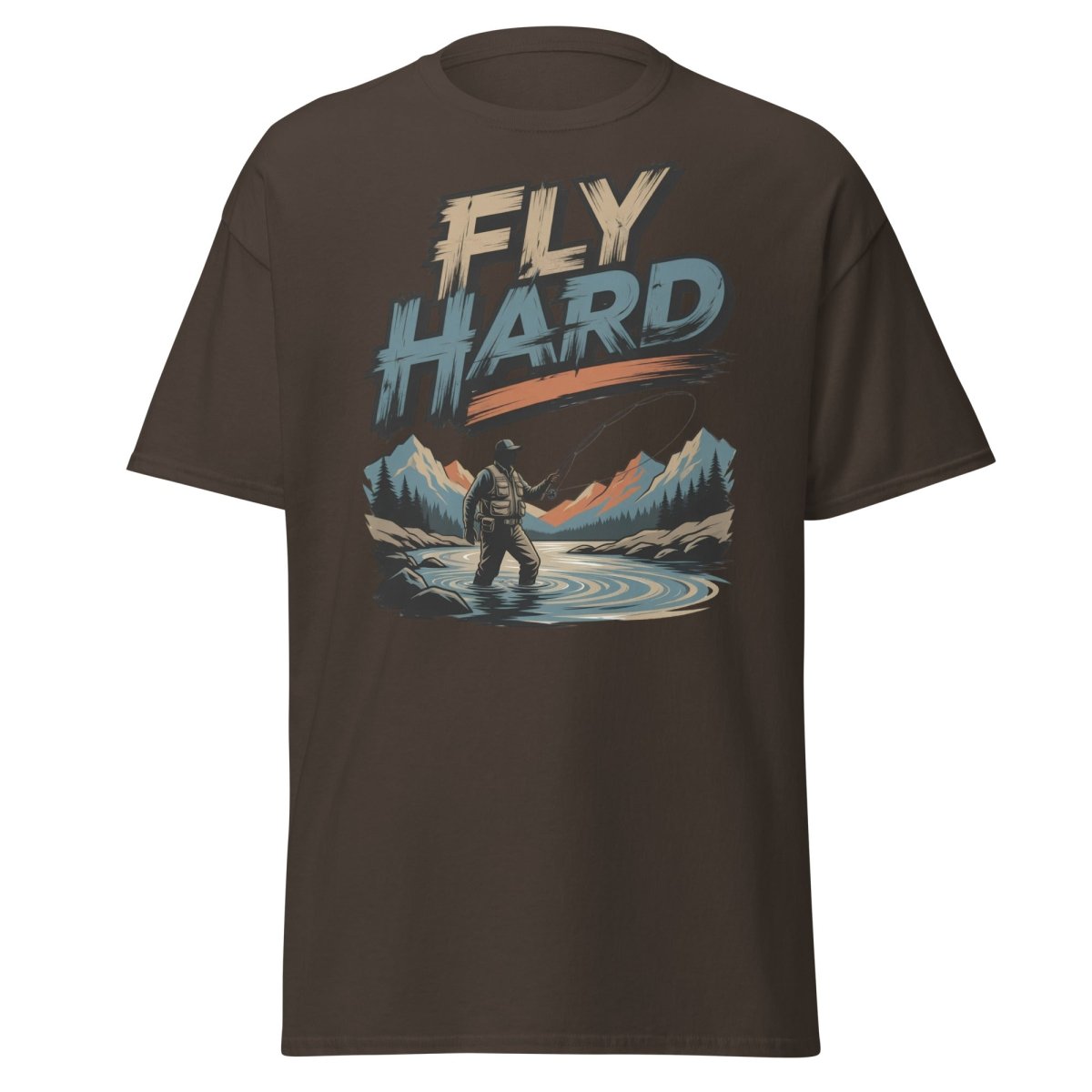 Fly Hard Fly Fishing T-Shirt – Outdoor Adventure Tee - Dark Chocolate - TeeRipple