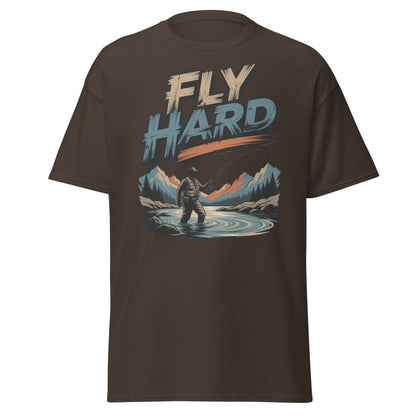 Fly Hard Fly Fishing T-Shirt – Outdoor Adventure Tee - Dark Chocolate - TeeRipple