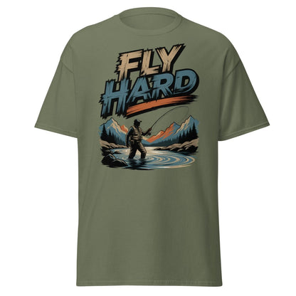 Fly Hard Fly Fishing T-Shirt – Outdoor Adventure Tee - Military Green - TeeRipple