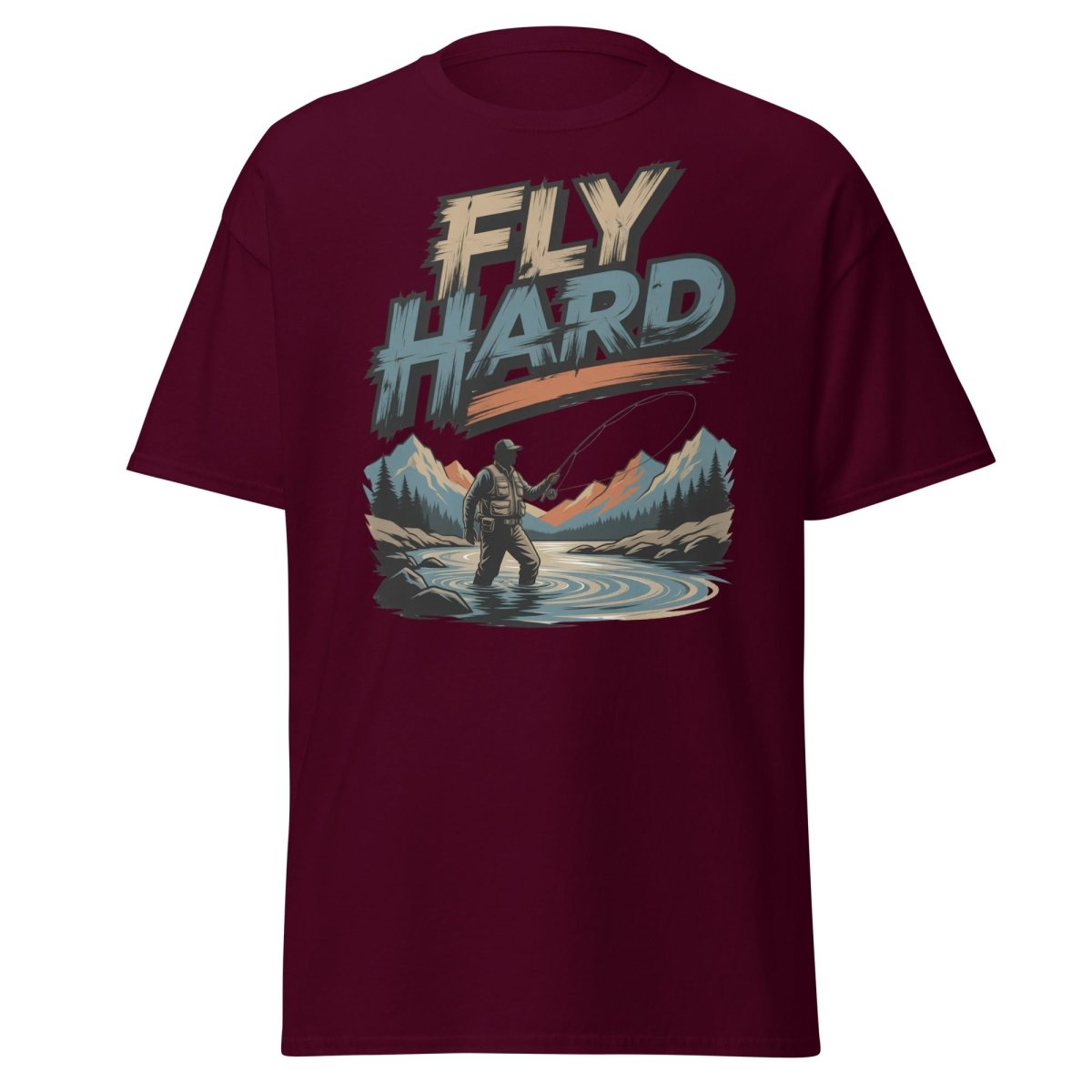 Fly Hard Fly Fishing T-Shirt – Outdoor Adventure Tee - Maroon - TeeRipple