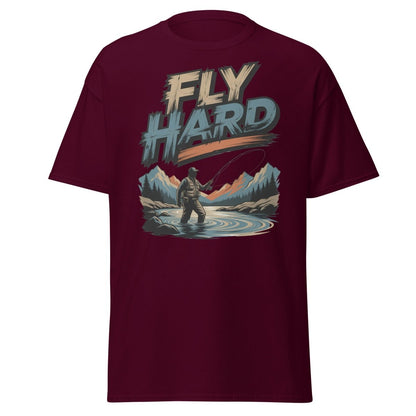 Fly Hard Fly Fishing T-Shirt – Outdoor Adventure Tee - Maroon - TeeRipple
