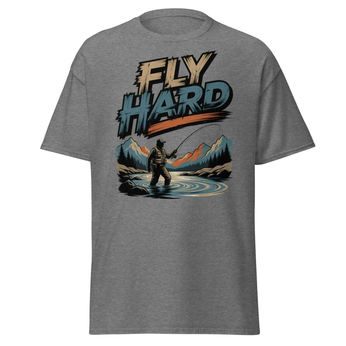 Fly Hard Fly Fishing T-Shirt – Outdoor Adventure Tee - Graphite Heather - TeeRipple