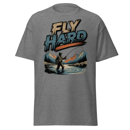 Fly Hard Fly Fishing T-Shirt – Outdoor Adventure Tee - Graphite Heather - TeeRipple