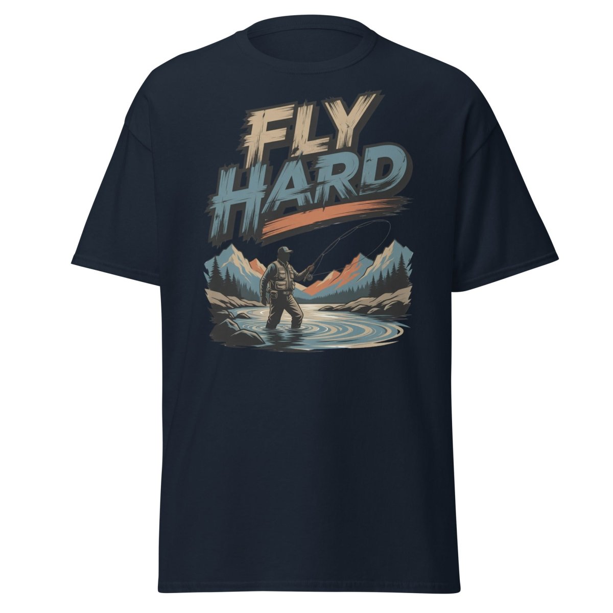 Fly Hard Fly Fishing T-Shirt – Outdoor Adventure Tee - Navy - TeeRipple