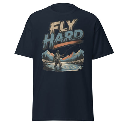 Fly Hard Fly Fishing T-Shirt – Outdoor Adventure Tee - Navy - TeeRipple