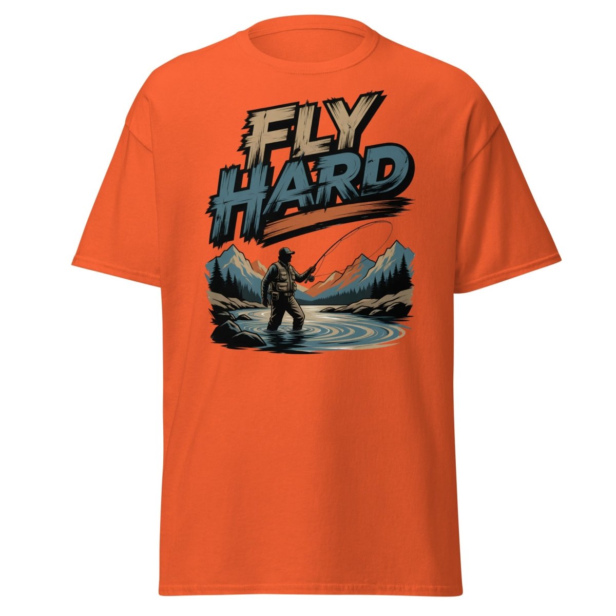 Fly Hard Fly Fishing T-Shirt – Outdoor Adventure Tee - Orange - TeeRipple