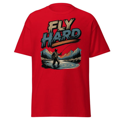 Fly Hard Fly Fishing T-Shirt – Outdoor Adventure Tee - Red - TeeRipple