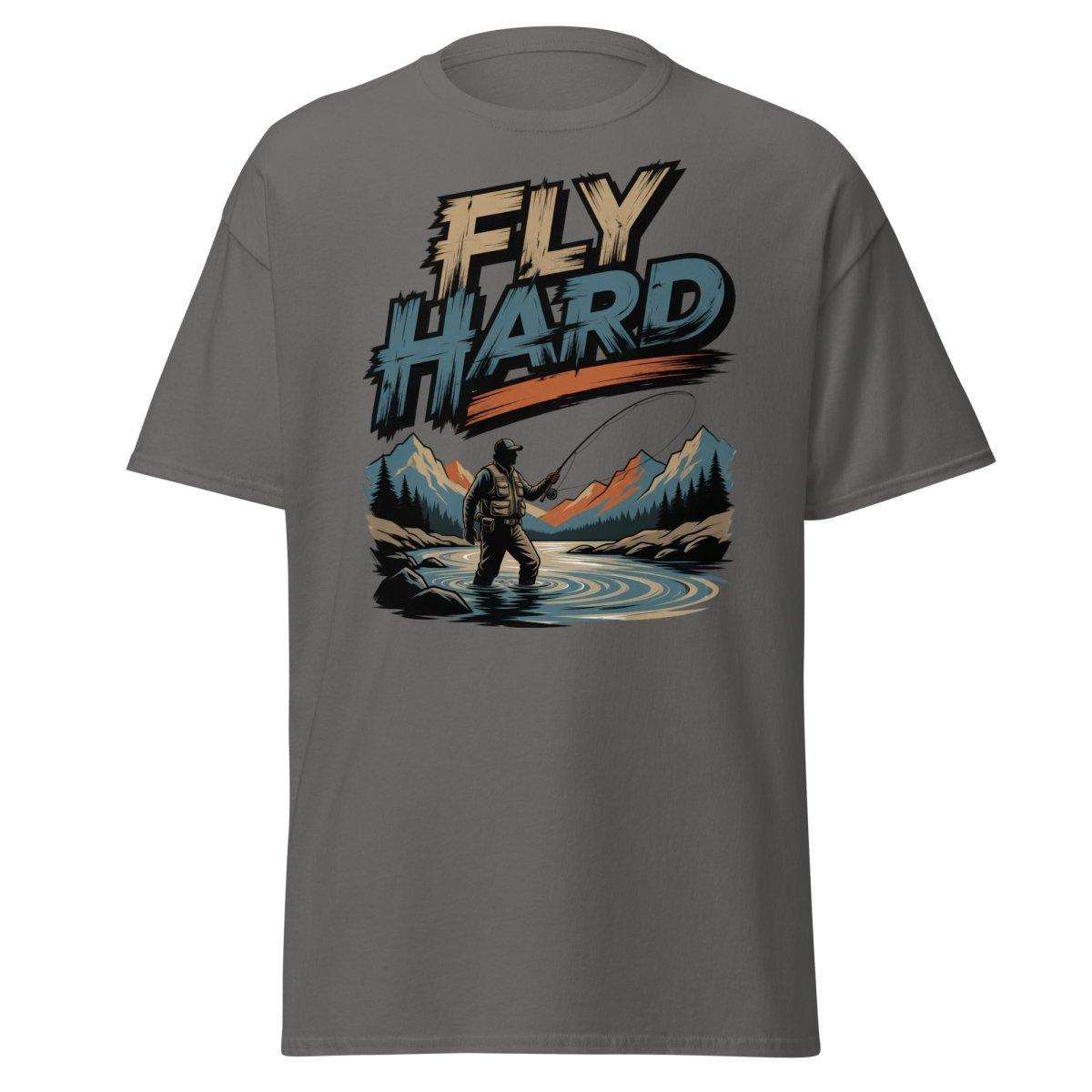 Fly Hard Fly Fishing T-Shirt – Outdoor Adventure Tee - Charcoal - TeeRipple