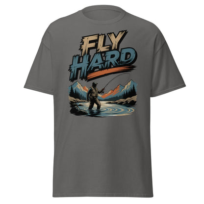 Fly Hard Fly Fishing T-Shirt – Outdoor Adventure Tee - Charcoal - TeeRipple